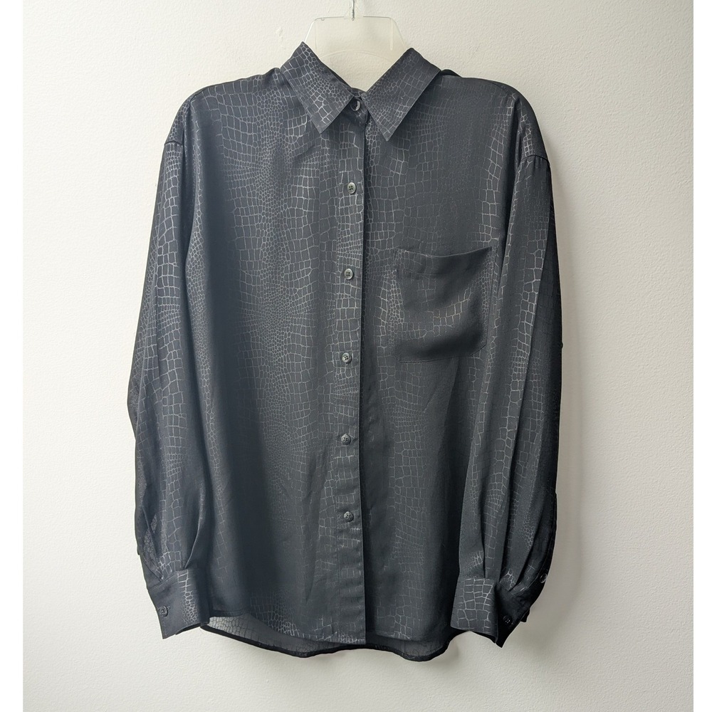 Ellen Tracy Button Up Black Crocodile Long Sleeve Shirt Sz 12 Croc Print Gothic